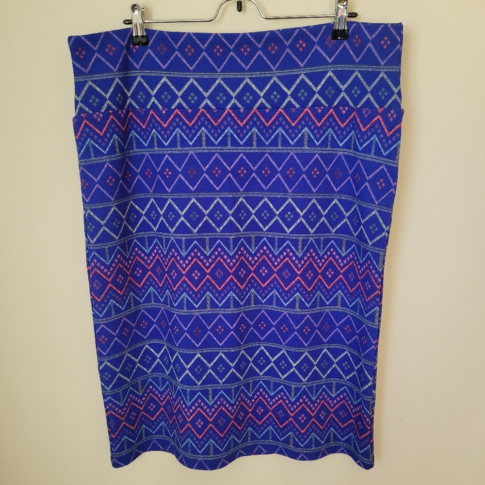 LuLaRoe Cassie Skirt 3XL Blue Geometric Knee Length Pencil Pull On XXXL